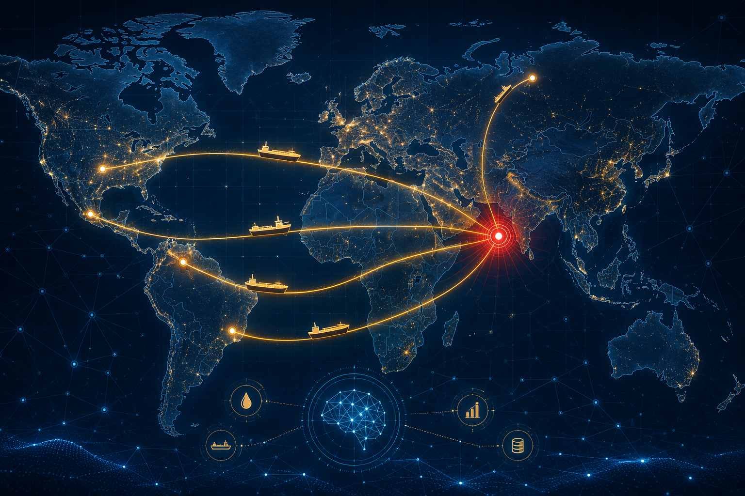 Global crude sourcing routes from the United States, Russia, Venezuela, Brazil, and Mexico converging on Jamnagar