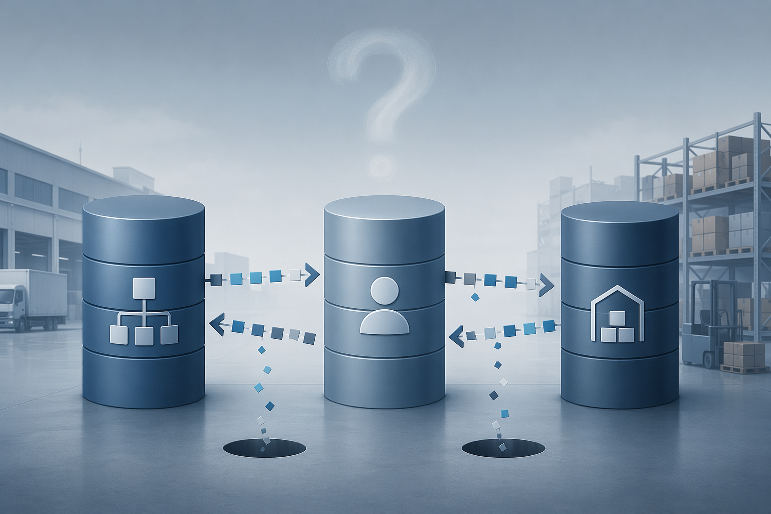 Three disconnected cylindrical silos representing ERP, CRM, and warehouse systems with broken data arrows and fragments falling into empty space.