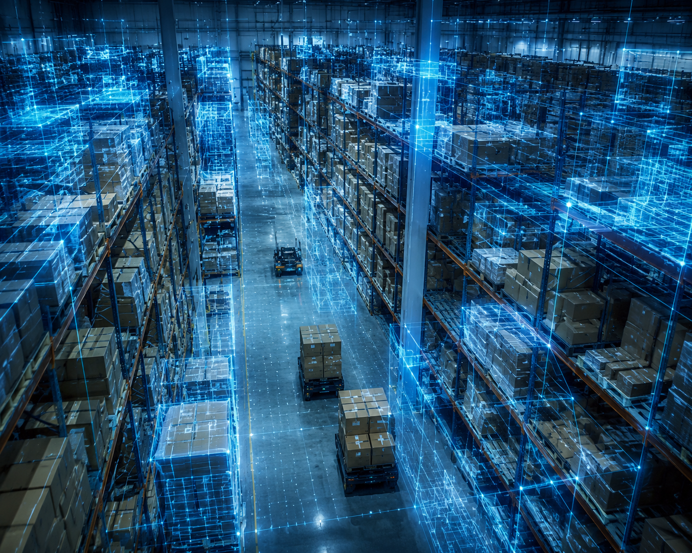 Modern warehouse with translucent digital twin data overlays above storage aisles