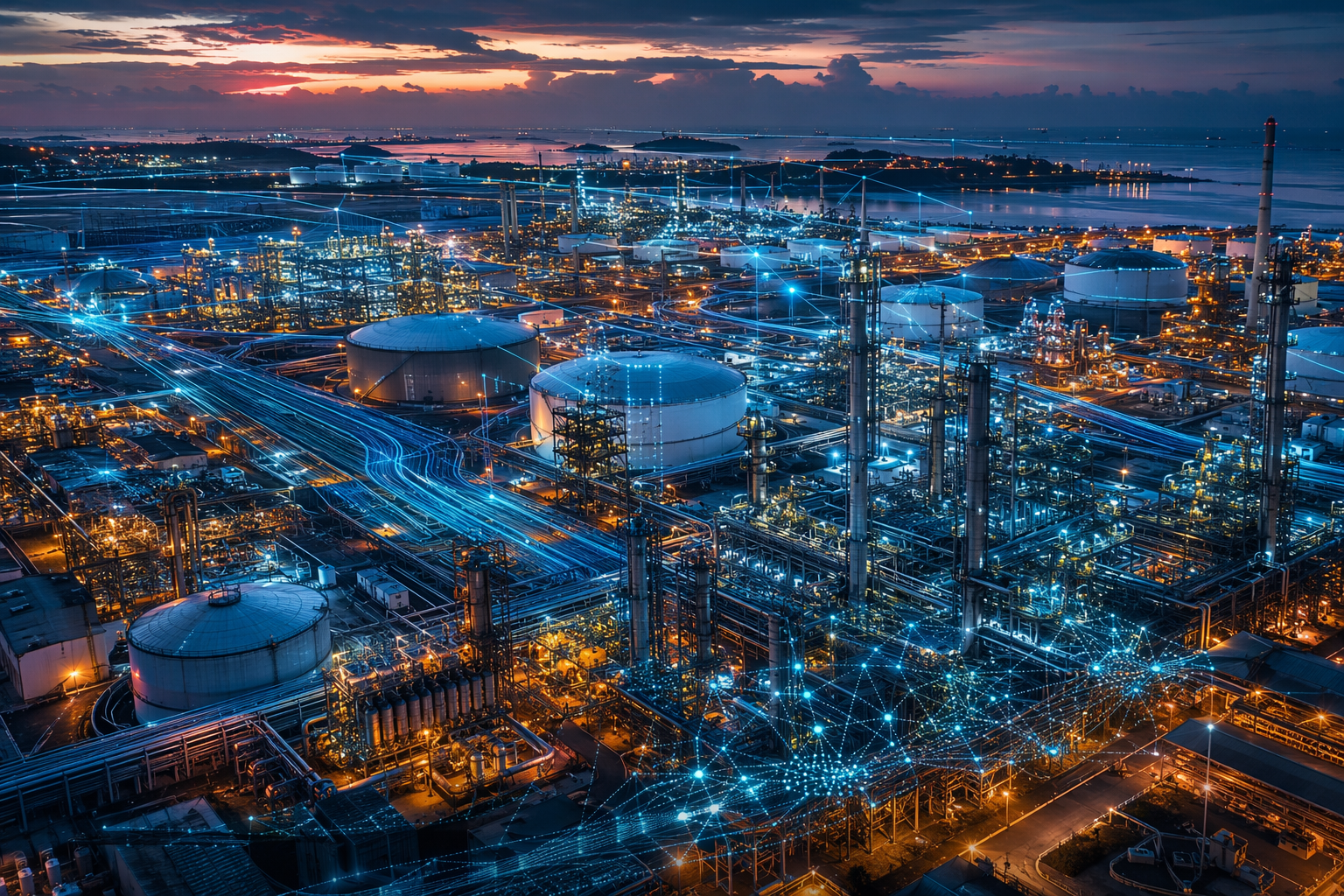 Illuminated oil refinery with digital supply chain routing overlays