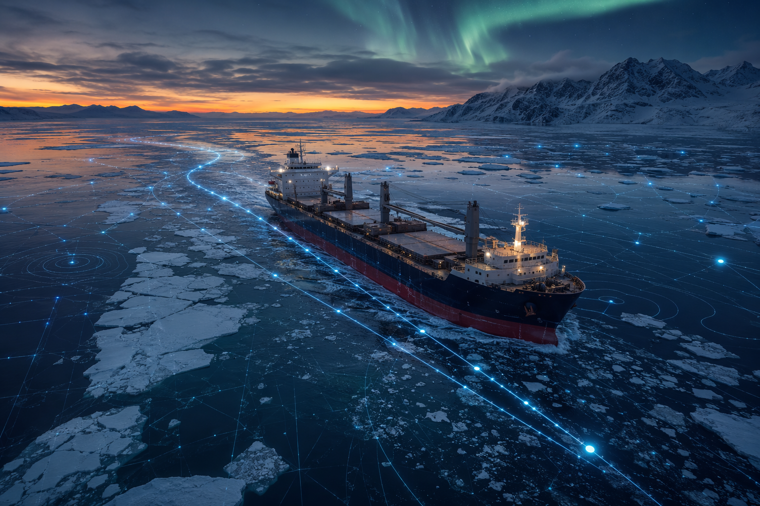 Ice-class cargo vessel navigating fragmented Arctic sea ice with digital route overlays