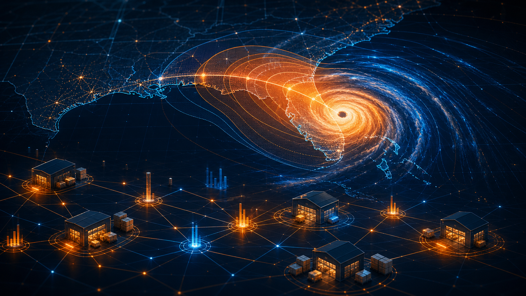 Digital hurricane dashboard over Florida and the US Gulf Coast with warehouse inventory nodes and demand signals