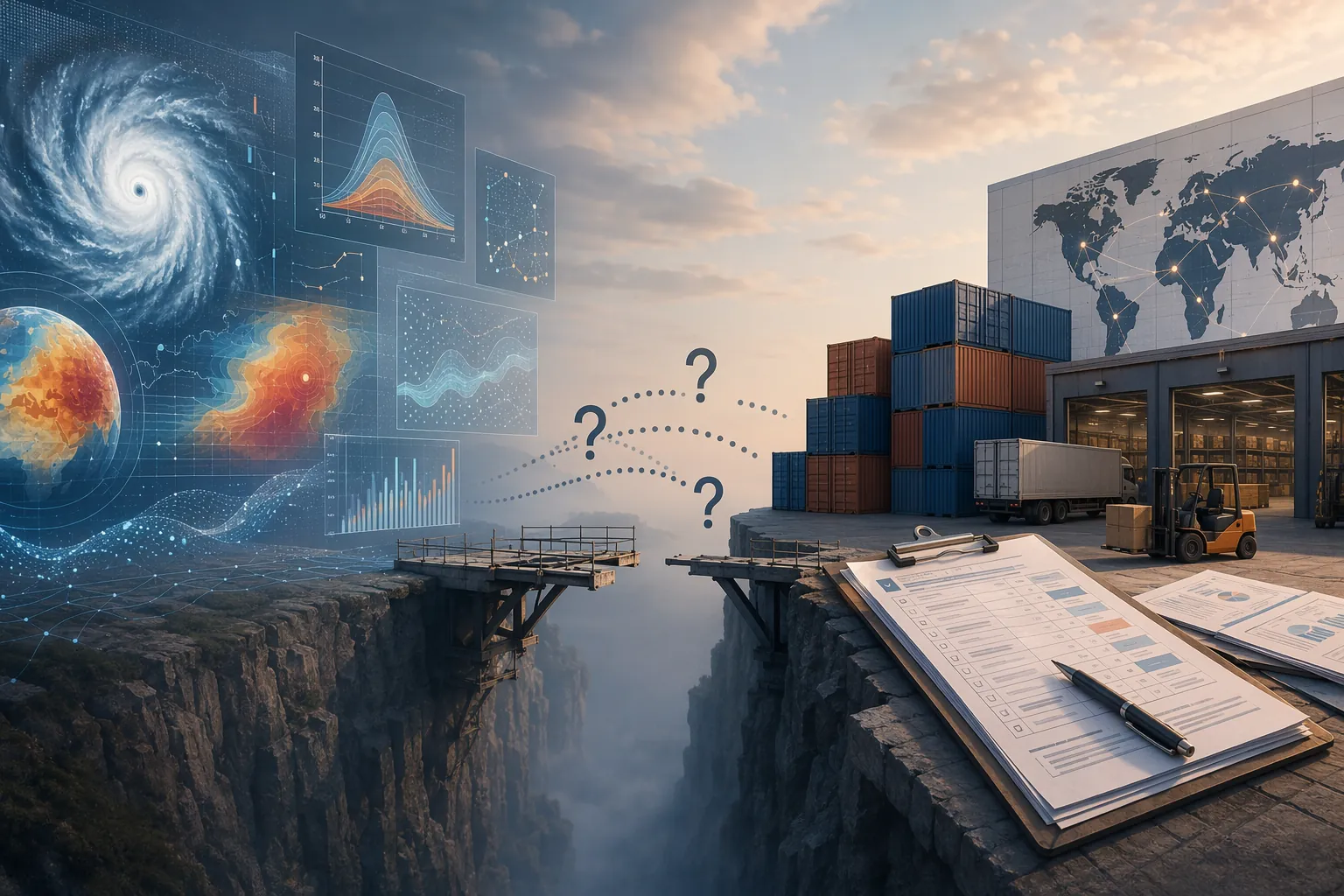 Climate forecast data connected to a warehouse and supply chain map by a broken bridge
