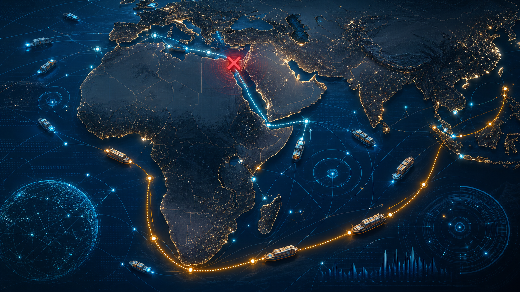 Map of Red Sea shipping routes showing disruption through Suez and diversion around the Cape of Good Hope with predictive data overlays