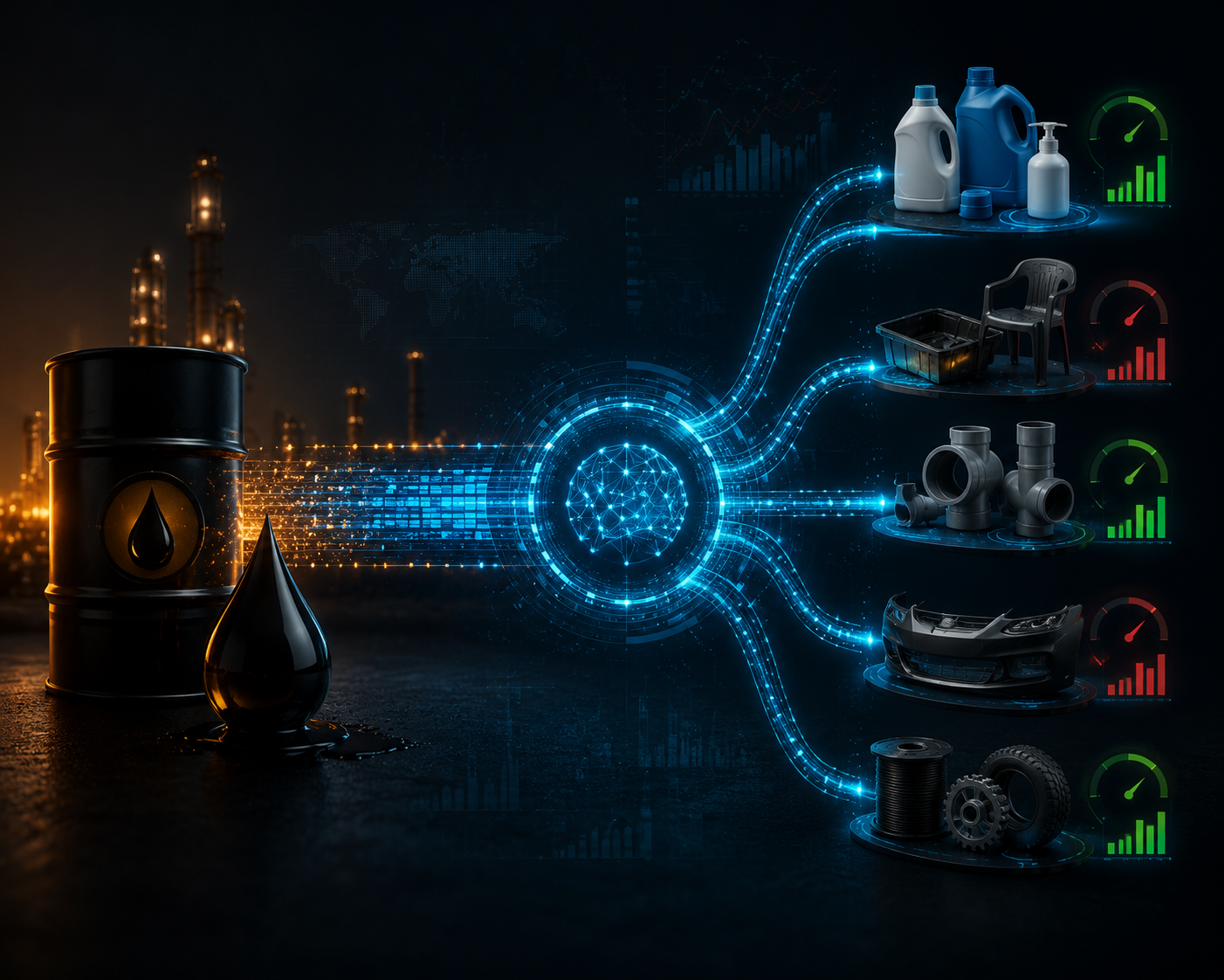 Crude oil data flowing into manufactured products with margin indicators