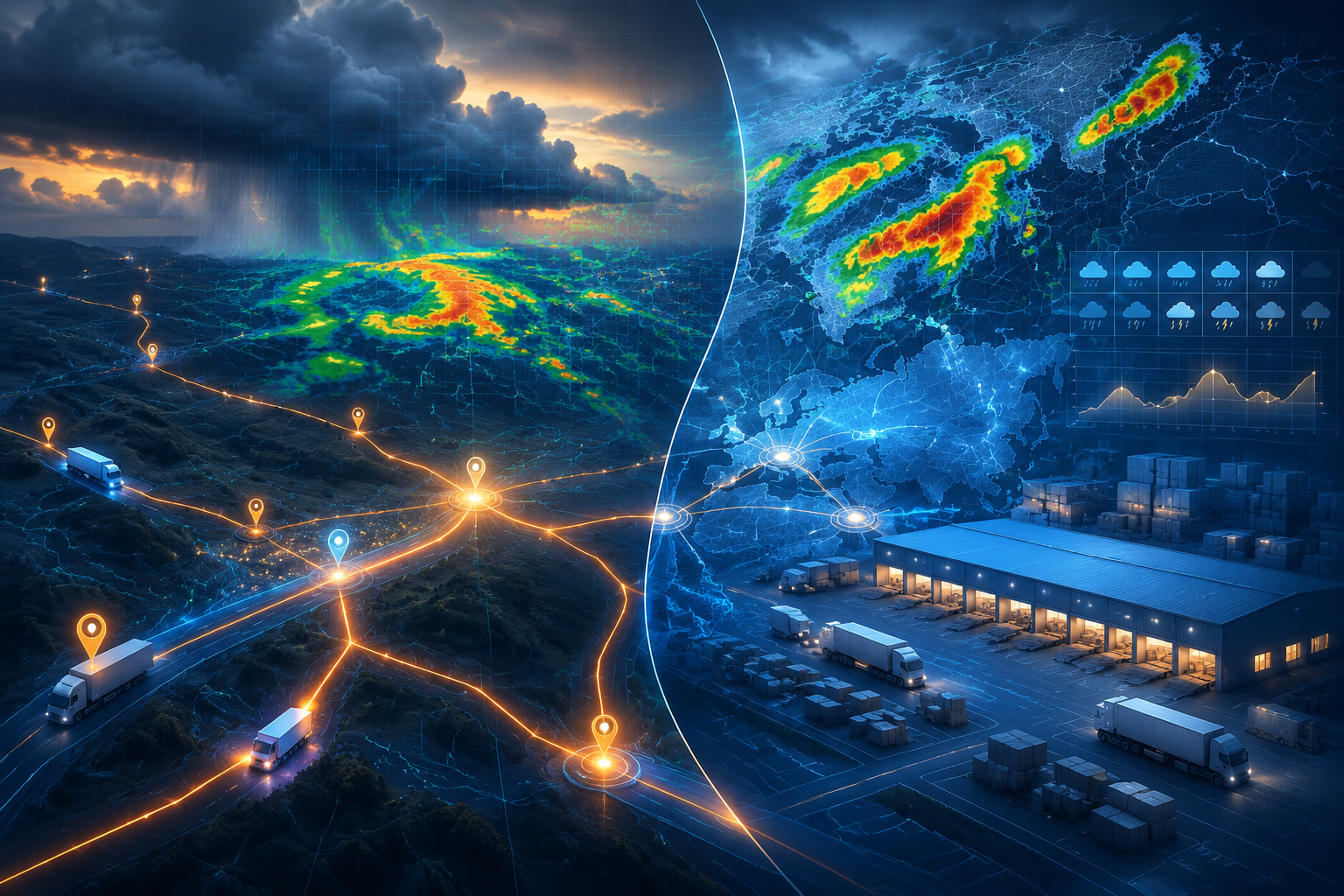 Logistics network map with weather radar patterns and a forecast grid over route lines