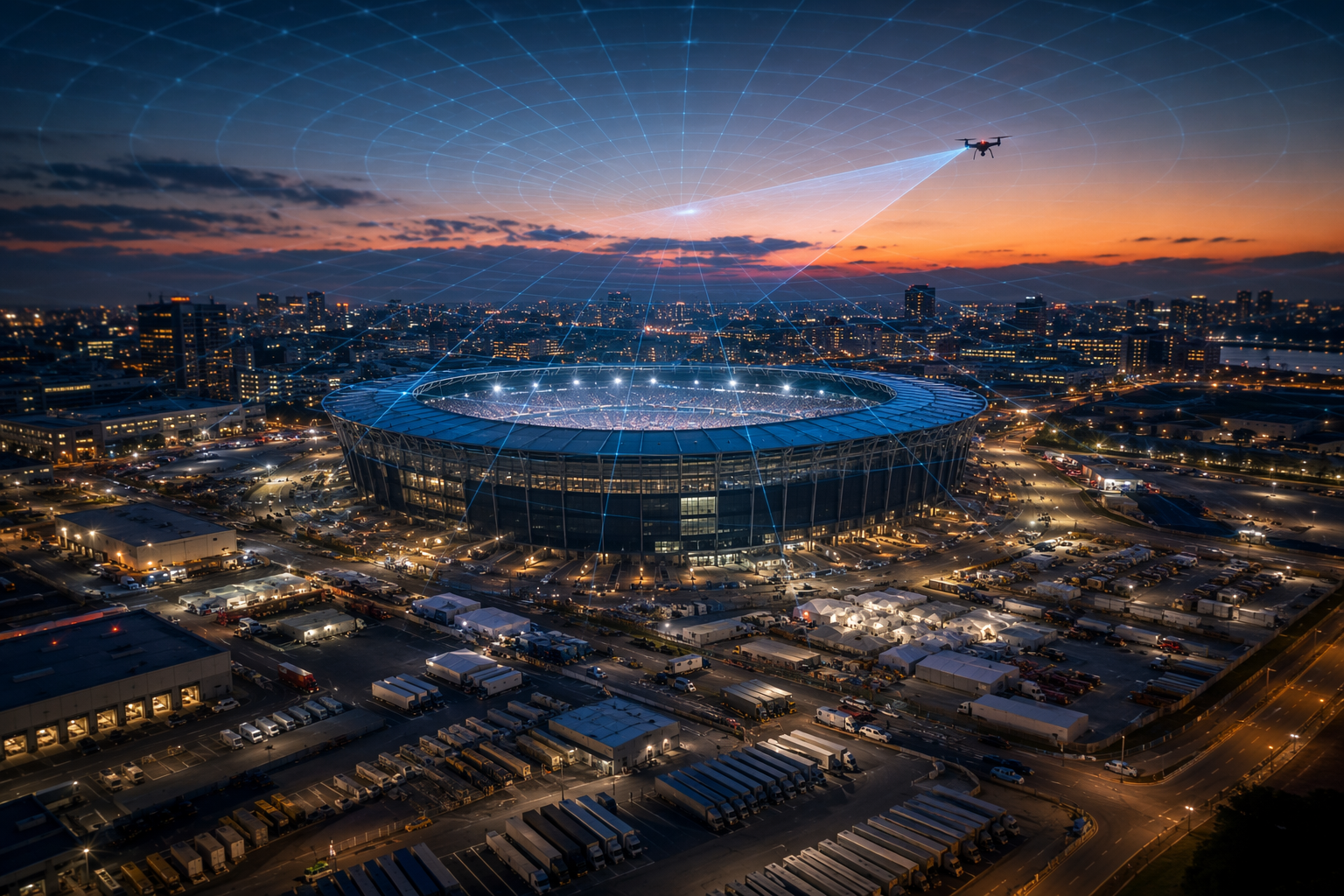 Large stadium at dusk with loading docks, temporary trailers, radar-grid overlay, and drone silhouette