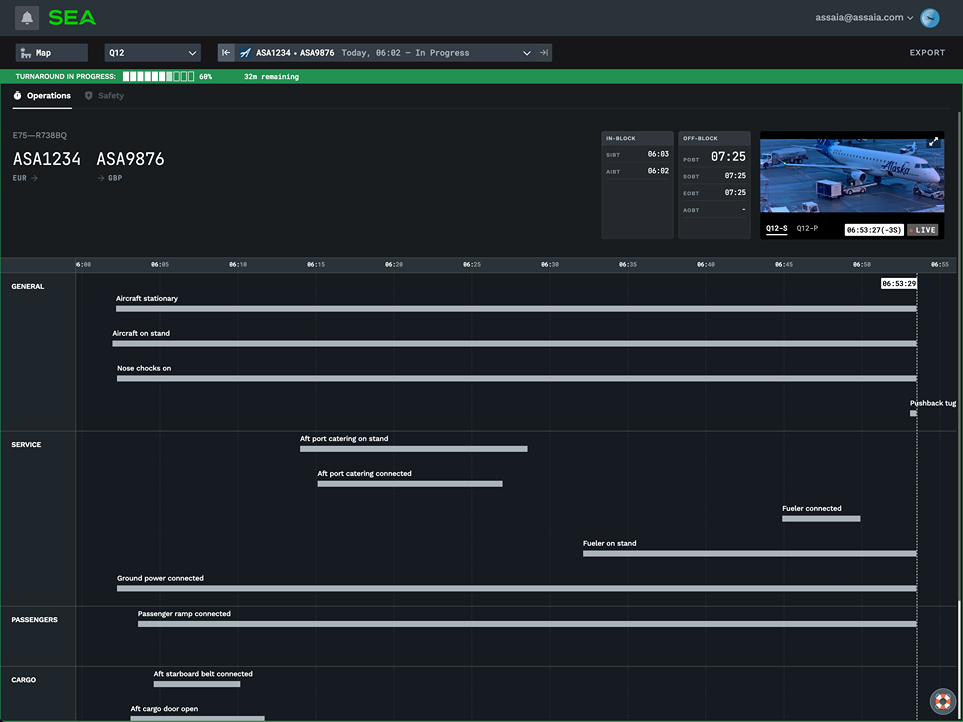 Assaia ApronAI interface showing aircraft turnaround monitoring overlays