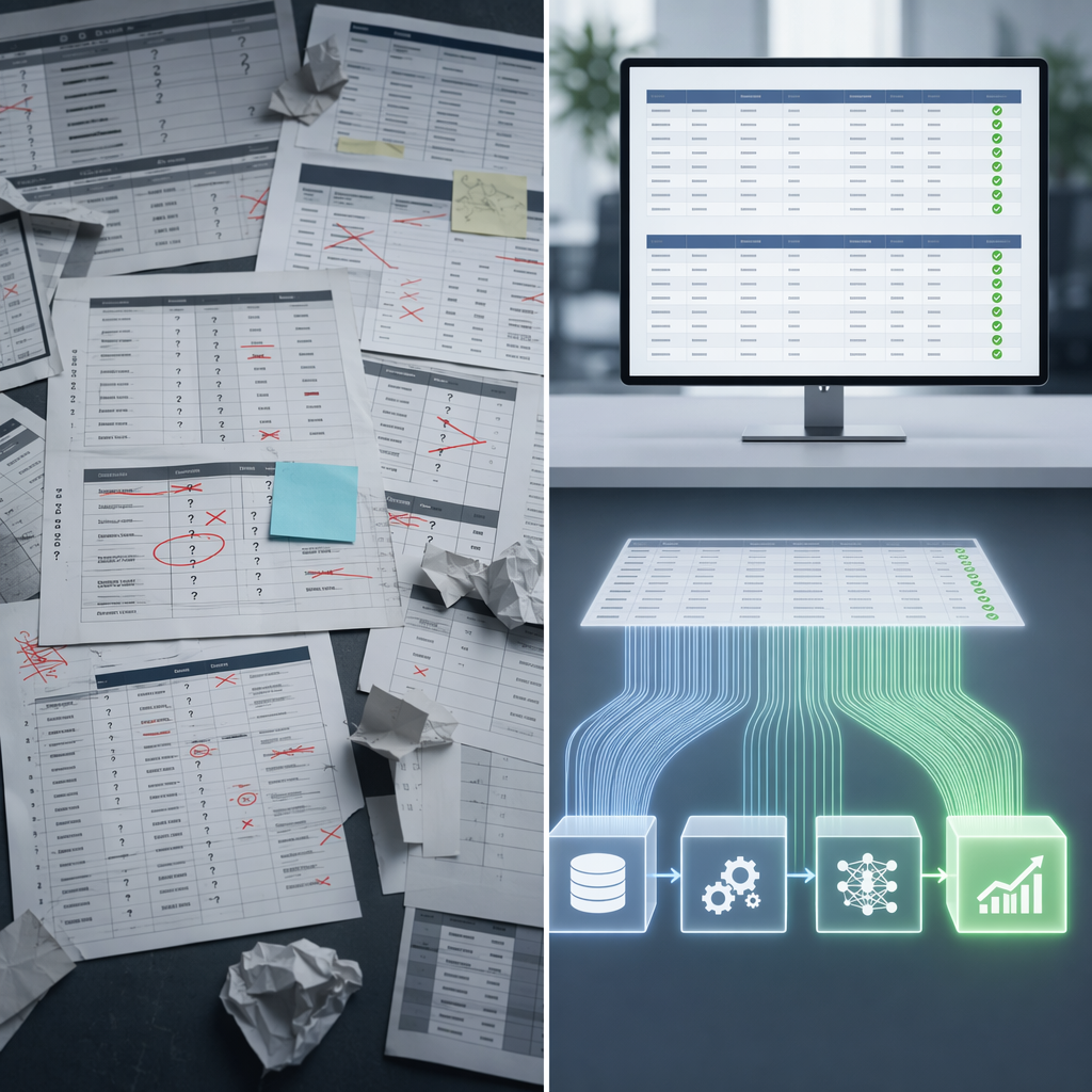 Messy supply chain spreadsheets compared with clean validated data flowing into a predictive model pipeline