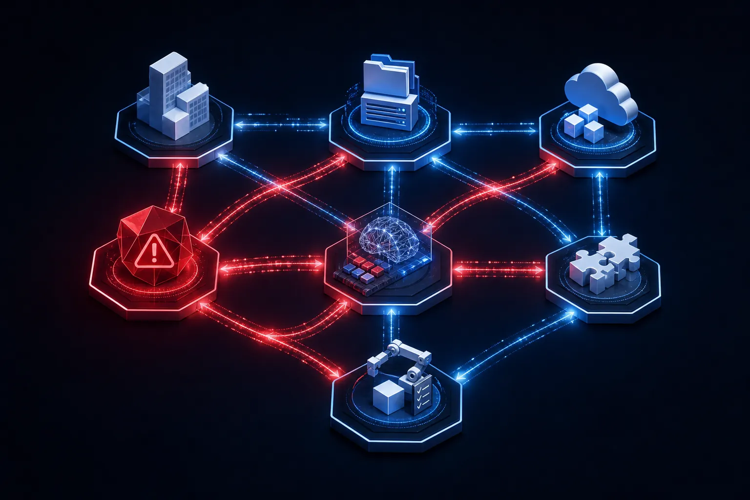 Network diagram showing vendor, SaaS, managed file transfer, AI model pipeline, partner integration, and workflow nodes with a breach spreading from one red node