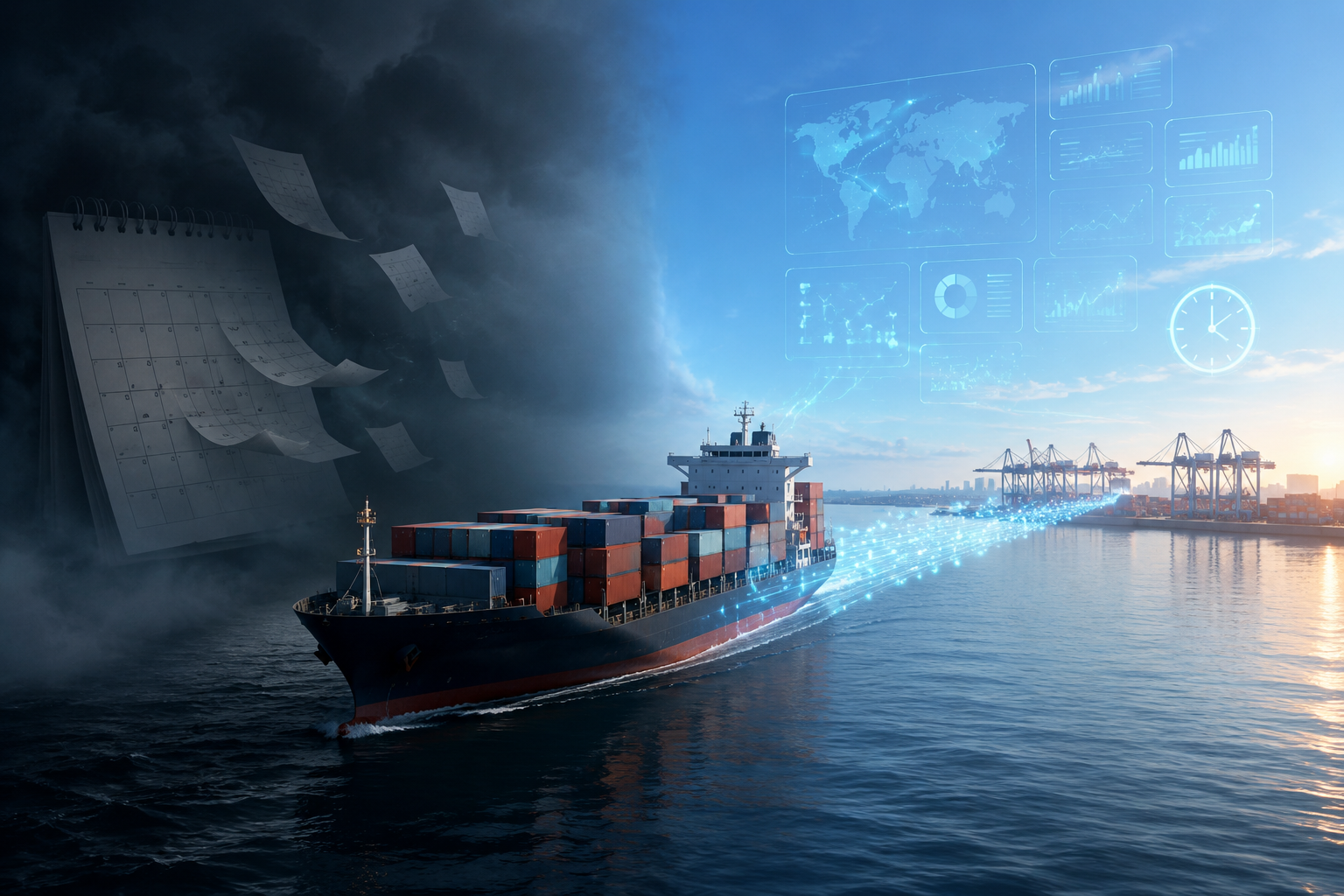 A cargo ship under fog on the left and a data-rich analysis timeline leading to a port on the right