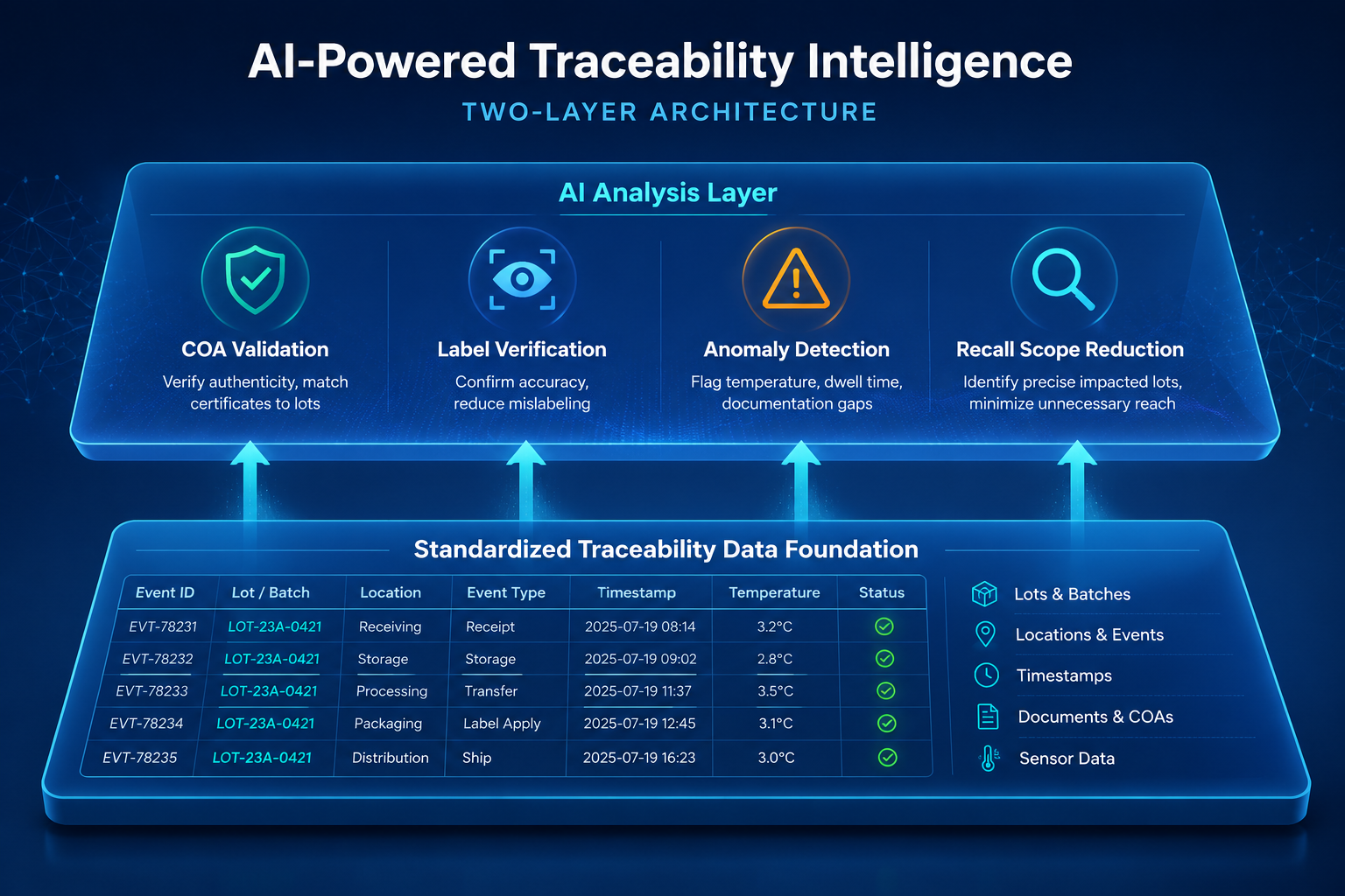 Structured traceability data foundation with AI detection icons for COA validation, label verification, anomaly flags, and recall scope reduction