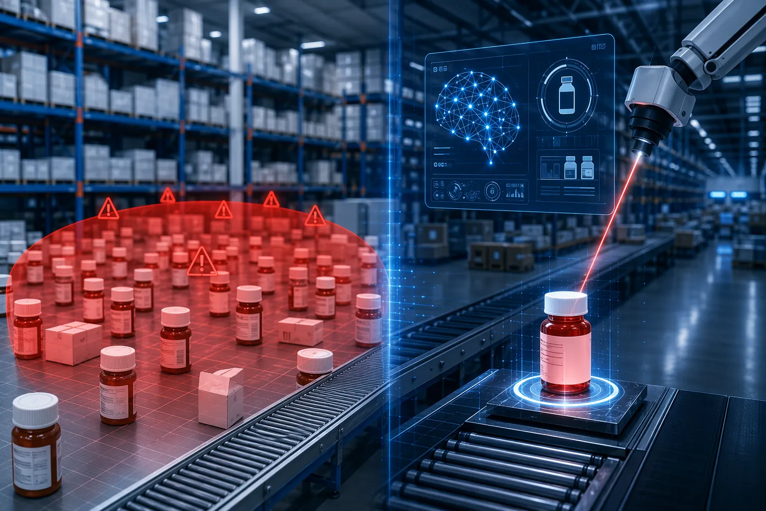 Illustration contrasting broad blanket pharmaceutical recall with surgical precision recall targeting a single bottle in a distribution center