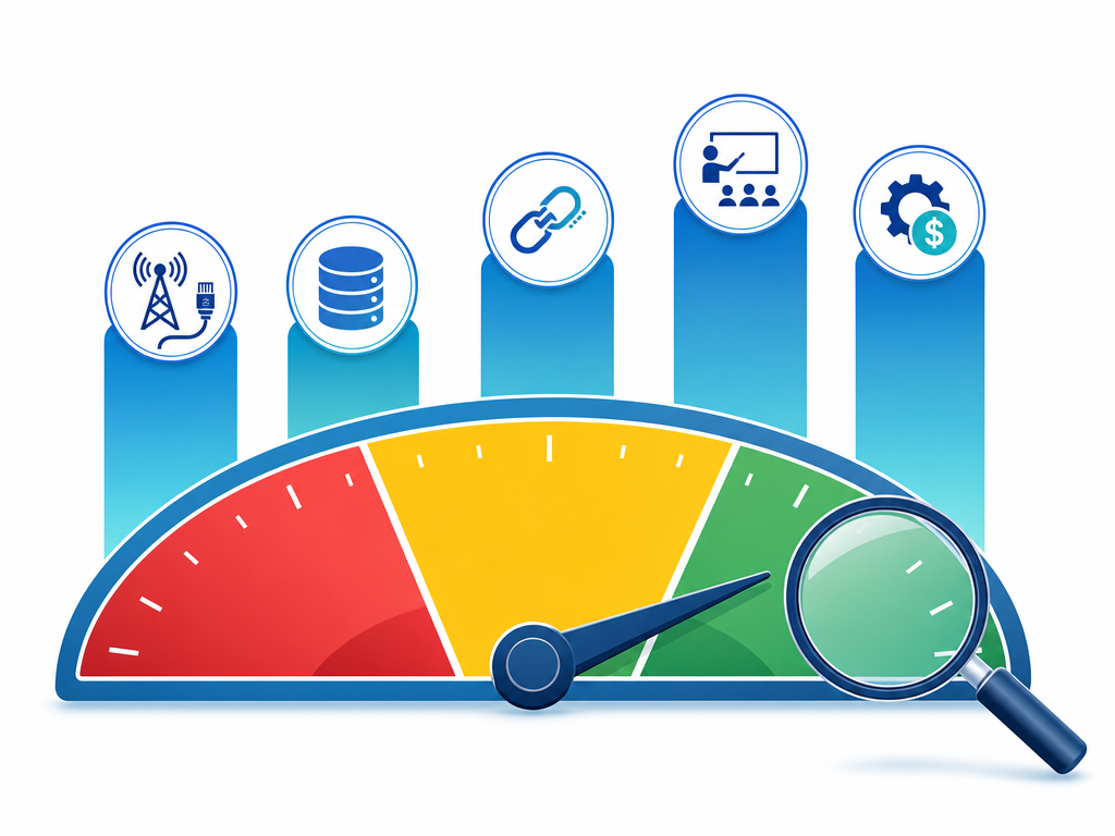 Editorial infographic showing a readiness gauge transitioning from red to green with five assessment pillars above it.
