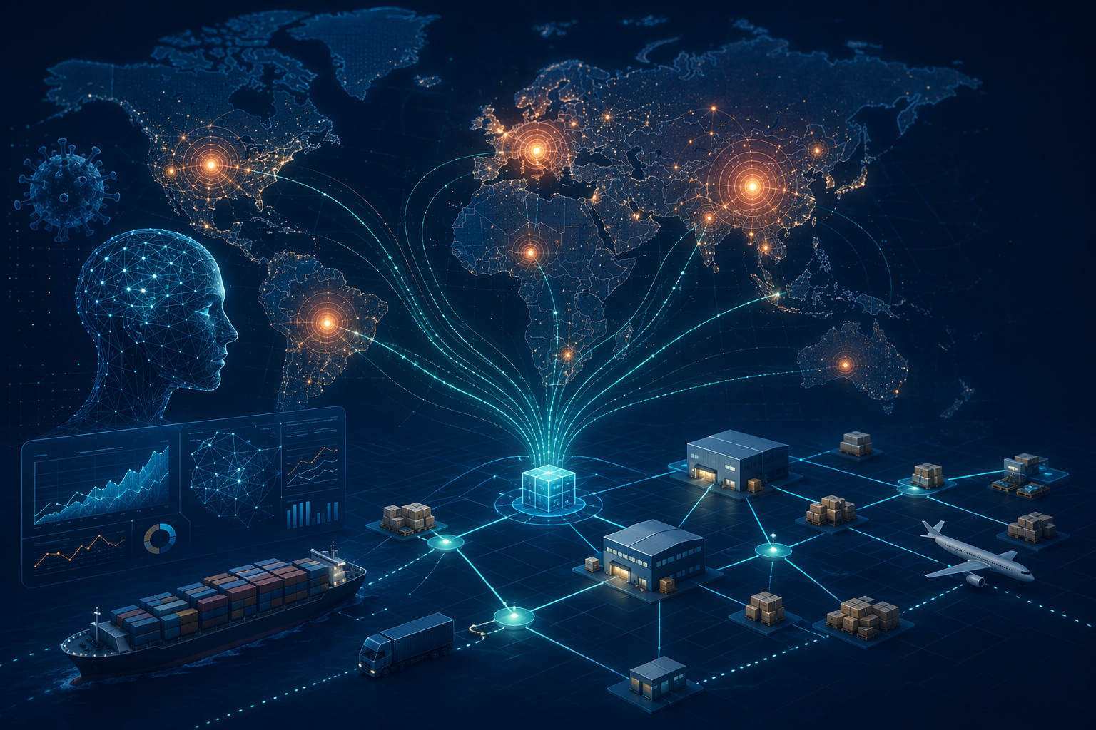 World map with outbreak detection nodes connected to shipping routes, warehouses, and inventory points