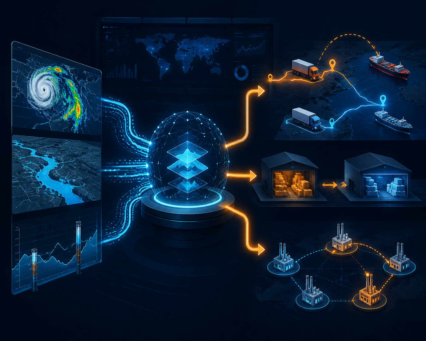 Flood prediction data feeding logistics rerouting, inventory positioning, and supplier substitution workflows