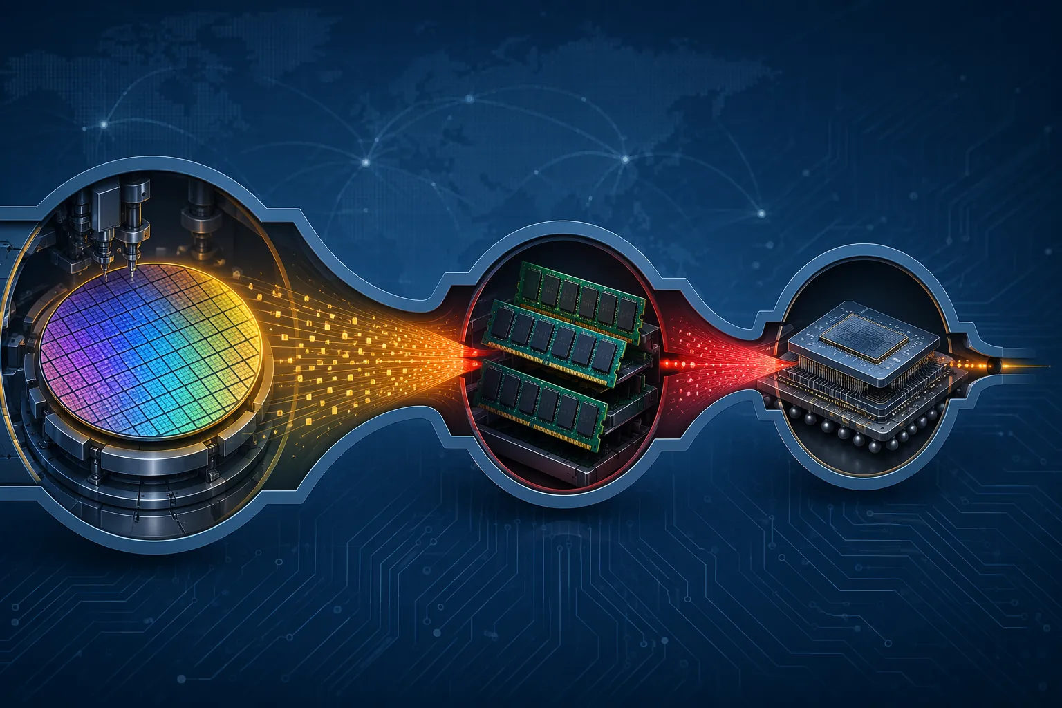Three semiconductor bottlenecks showing wafer, memory, and advanced packaging constraints