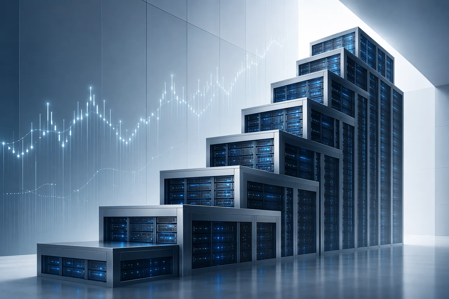 Interconnected server rack steps rising like financial guidance milestones
