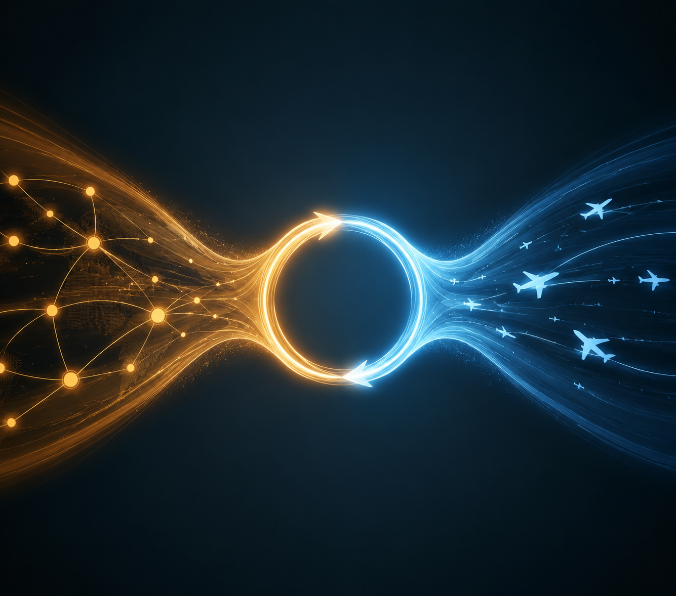 Two flowing streams of light converge into a single circular feedback loop, showing route optimization and capacity planning unifying into one system.