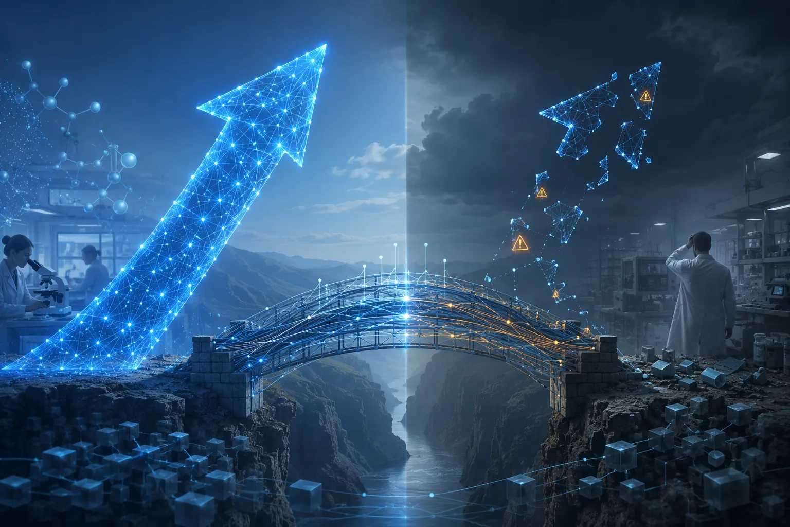 Digital data bridge between a rising arrow and a fractured warning-marked arrow