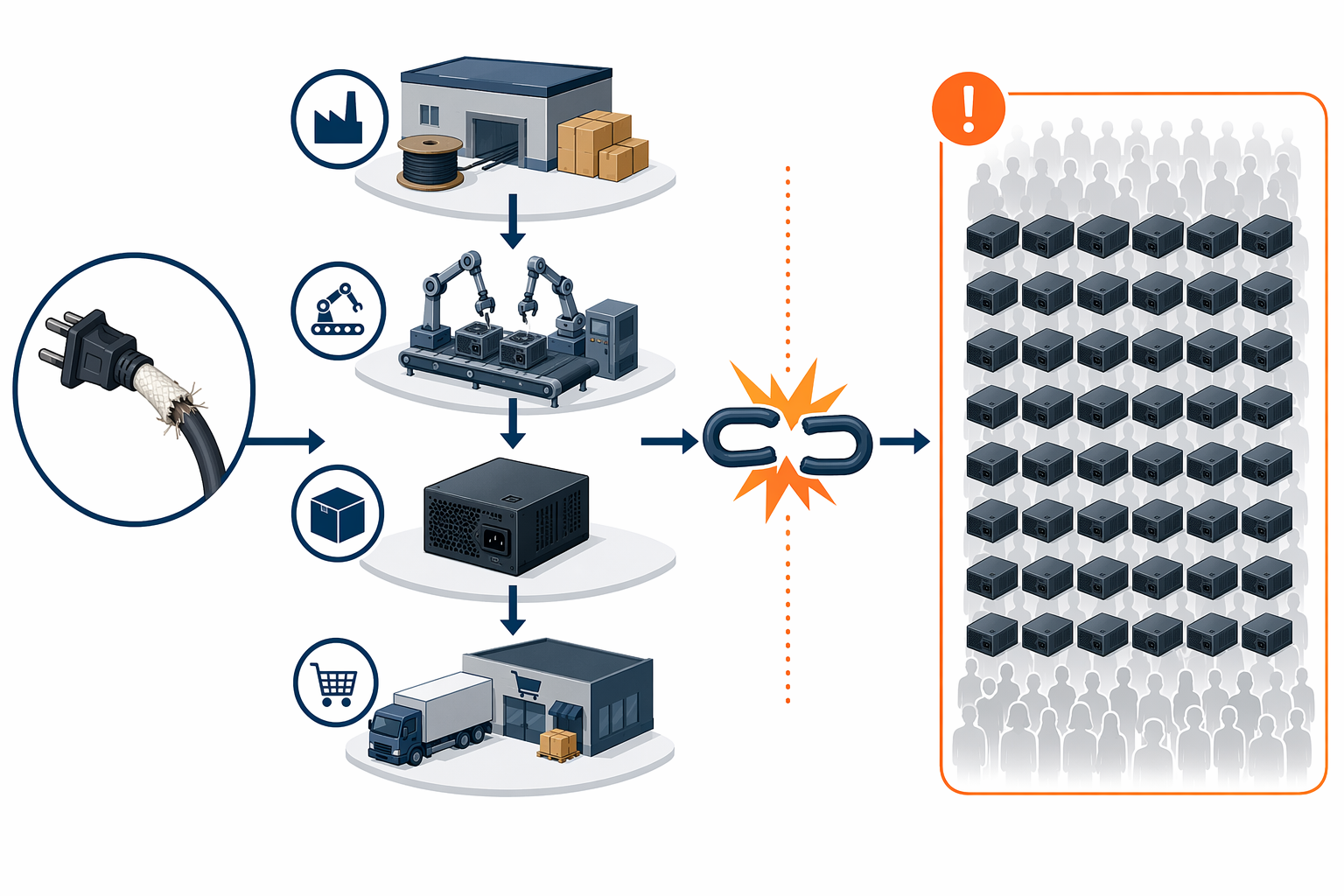 Supply chain traceability gap from power cord component to finished toaster oven recall population