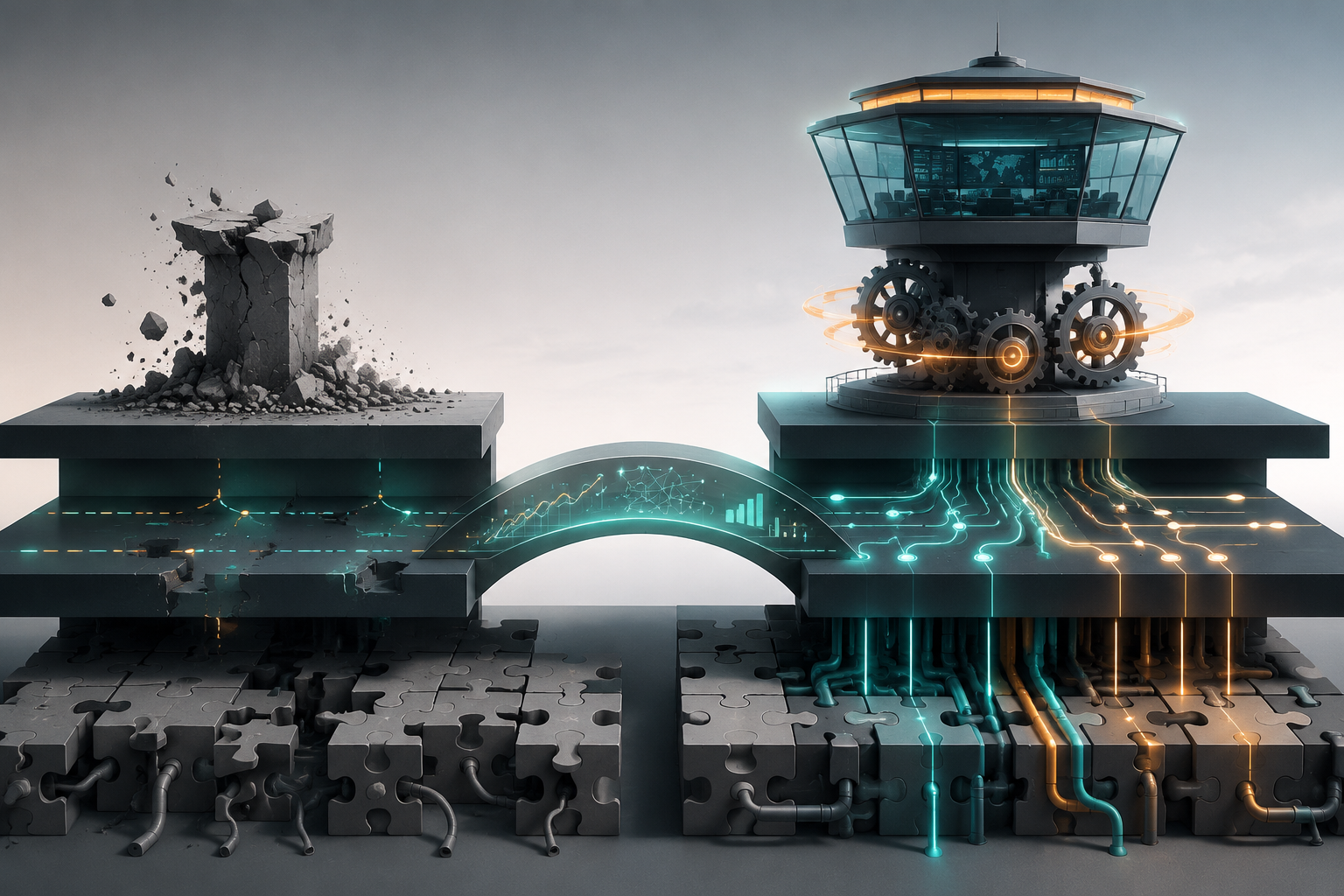 Layered control tower readiness architecture showing fragmented legacy systems, connected predictive data flows, and autonomous control tower capability