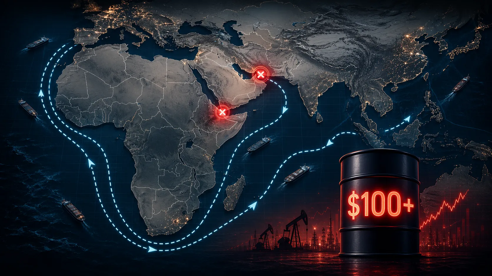 World map showing blockage markers at Bab el-Mandeb and the Strait of Hormuz with shipping routes rerouting around the Cape of Good Hope and a $100 oil marker