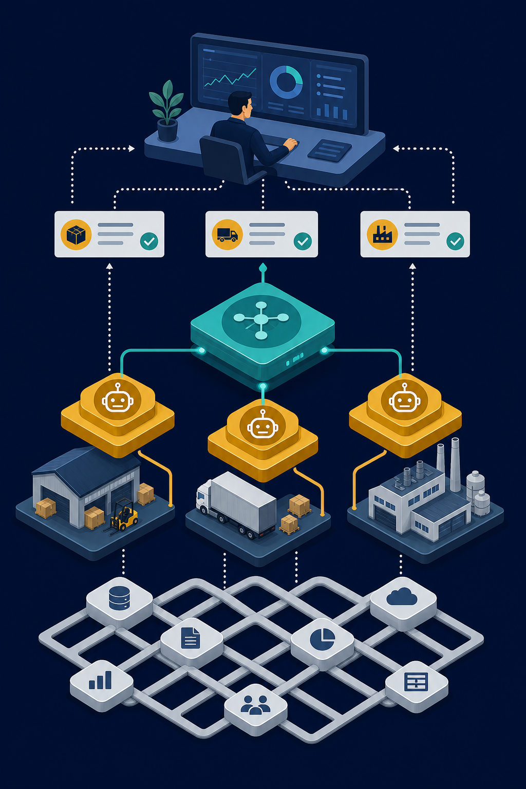 An editorial flat vector illustration of a multi-agent AI architecture for supply chain, with a central orchestration layer connected to three domain-specialized agent nodes (Inventory Agent near warehouse icon, Logistics Agent near truck icon, Procurement Agent near supplier icon), a woven data fabric layer underneath, and a human supervisor figure at a dashboard with recommendation cards and dotted-line approval flows above.