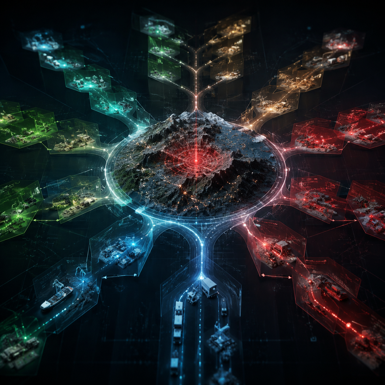 3D terrain model with an earthquake epicenter and branching AI disruption scenarios