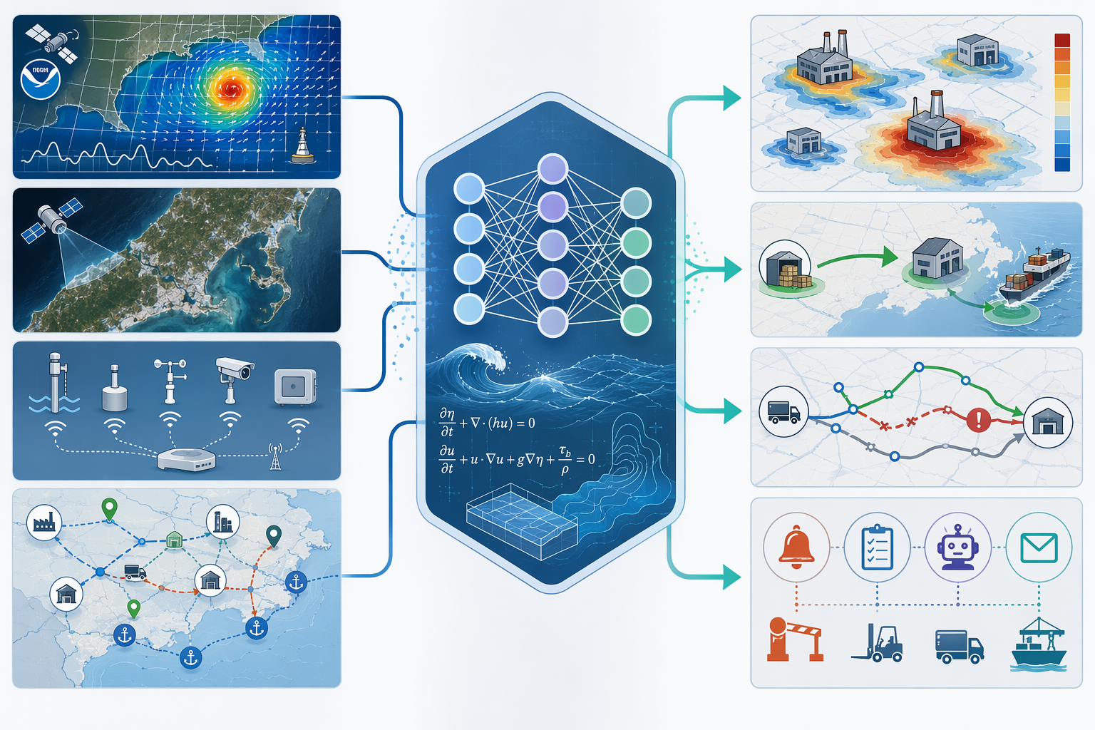 Data fusion pipeline connecting weather grids, satellite imagery, IoT sensors, supply chain maps, and AI flood risk outputs