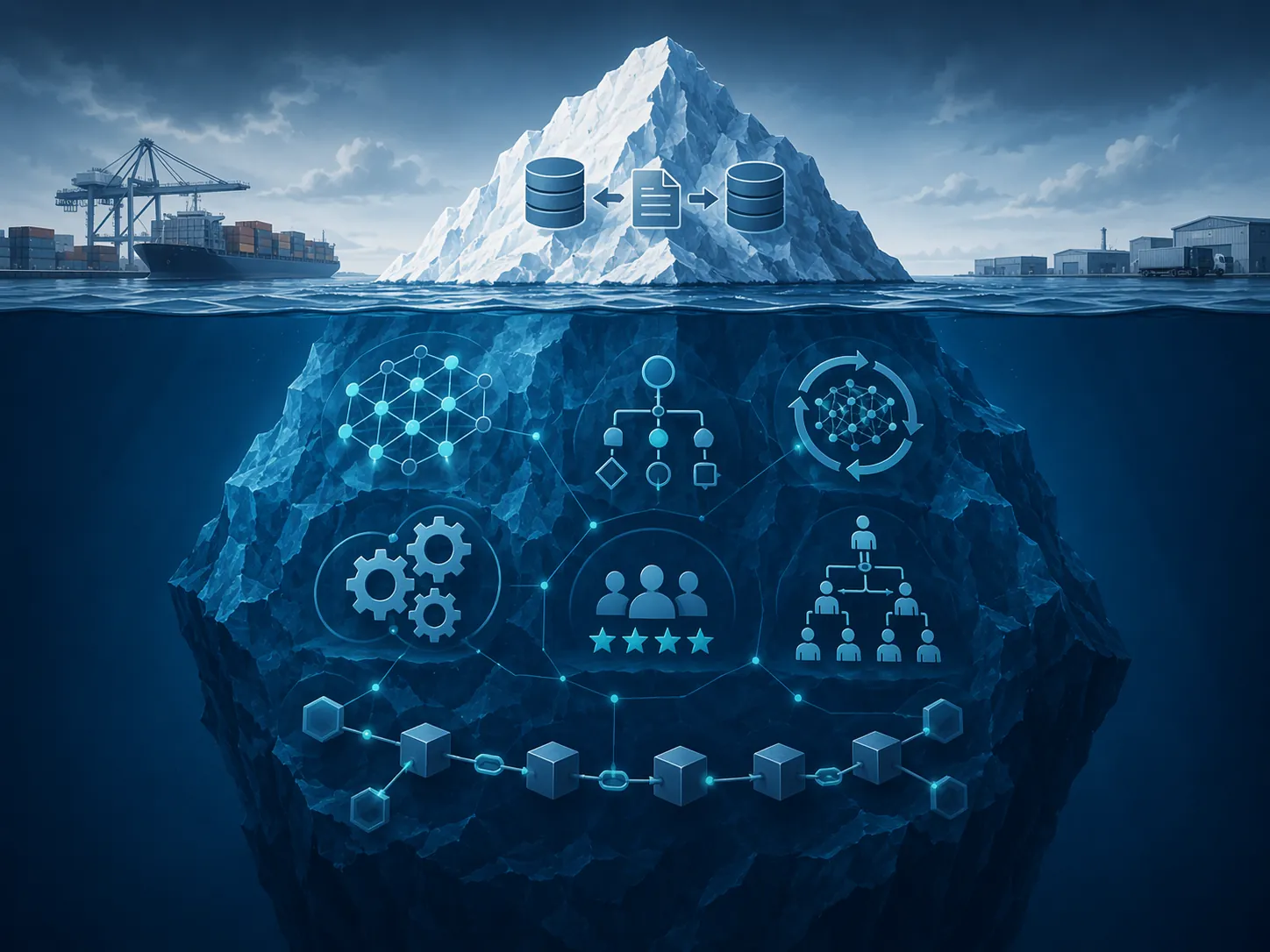 Iceberg diagram showing visible data migration above hidden layers of AI supply chain lock-in