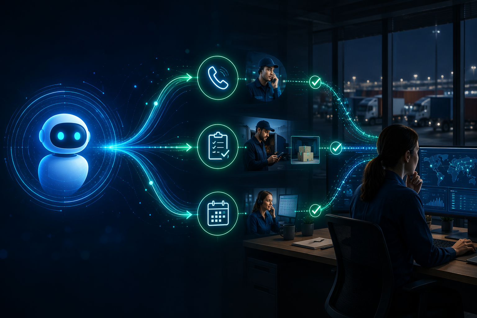 AI agent branching into carrier check calls, proof-of-delivery retrieval, and appointment confirmation tasks in a logistics workspace