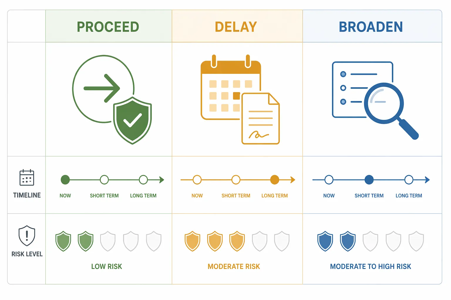 Three-column enterprise software buyer framework showing proceed, delay, and broaden options