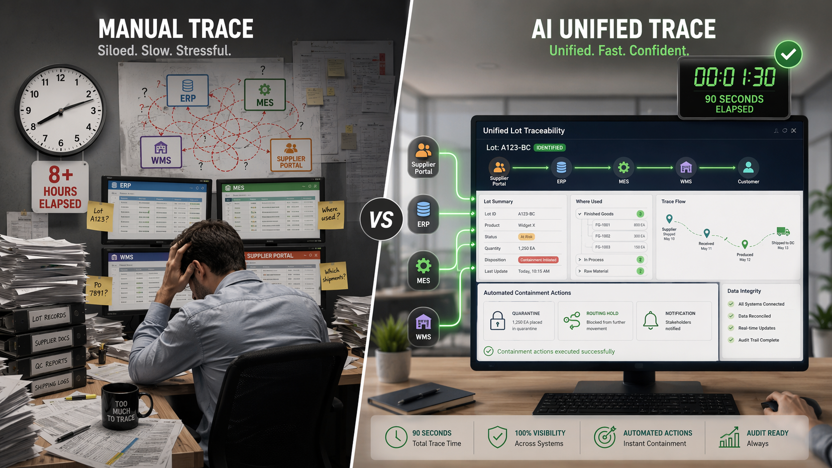 Comparison of manual recall tracing across separate ERP MES WMS and supplier screens versus AI unified lot traceability