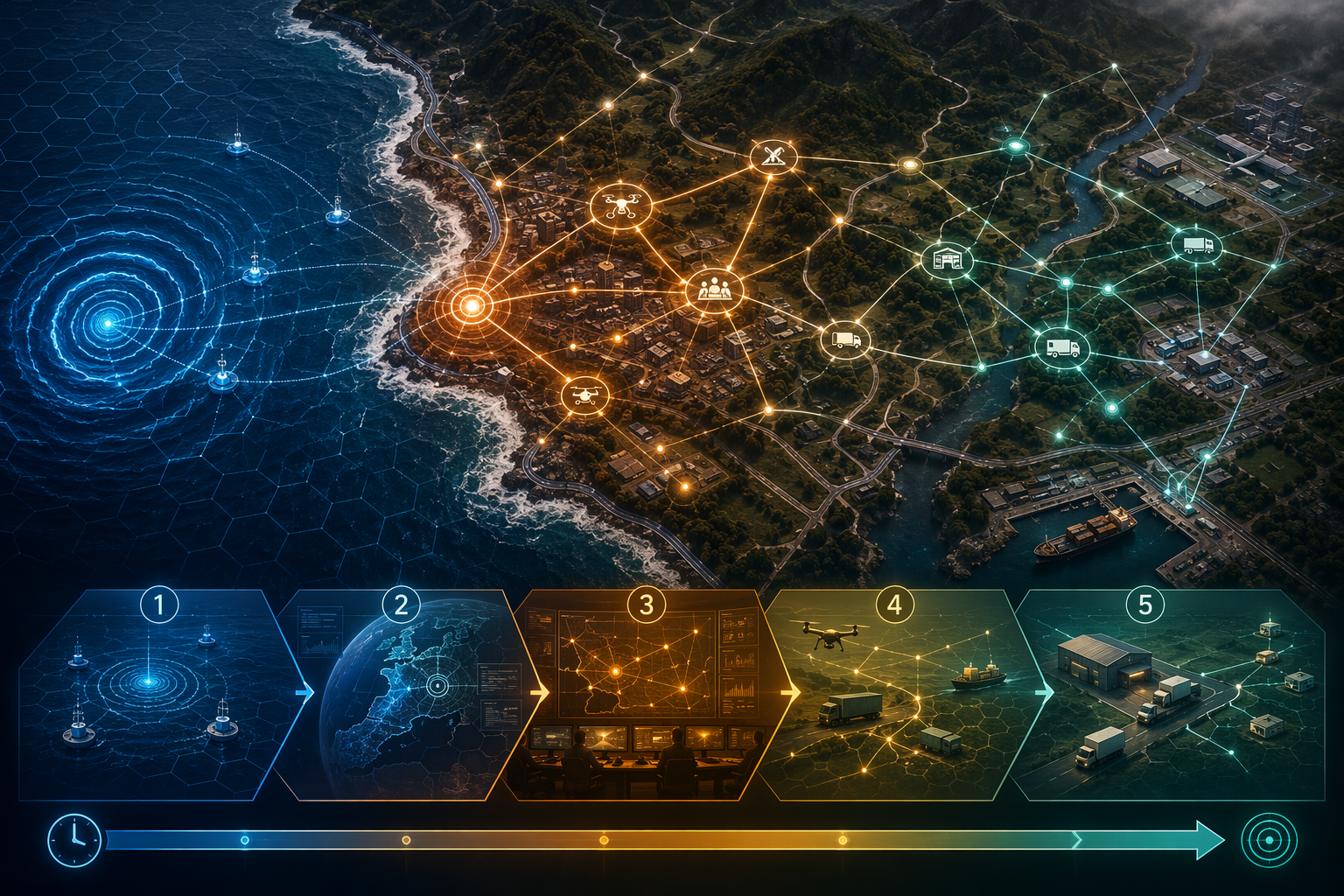 Coastal geography with AI detection nodes and supply chain routes compressed from hours to seconds