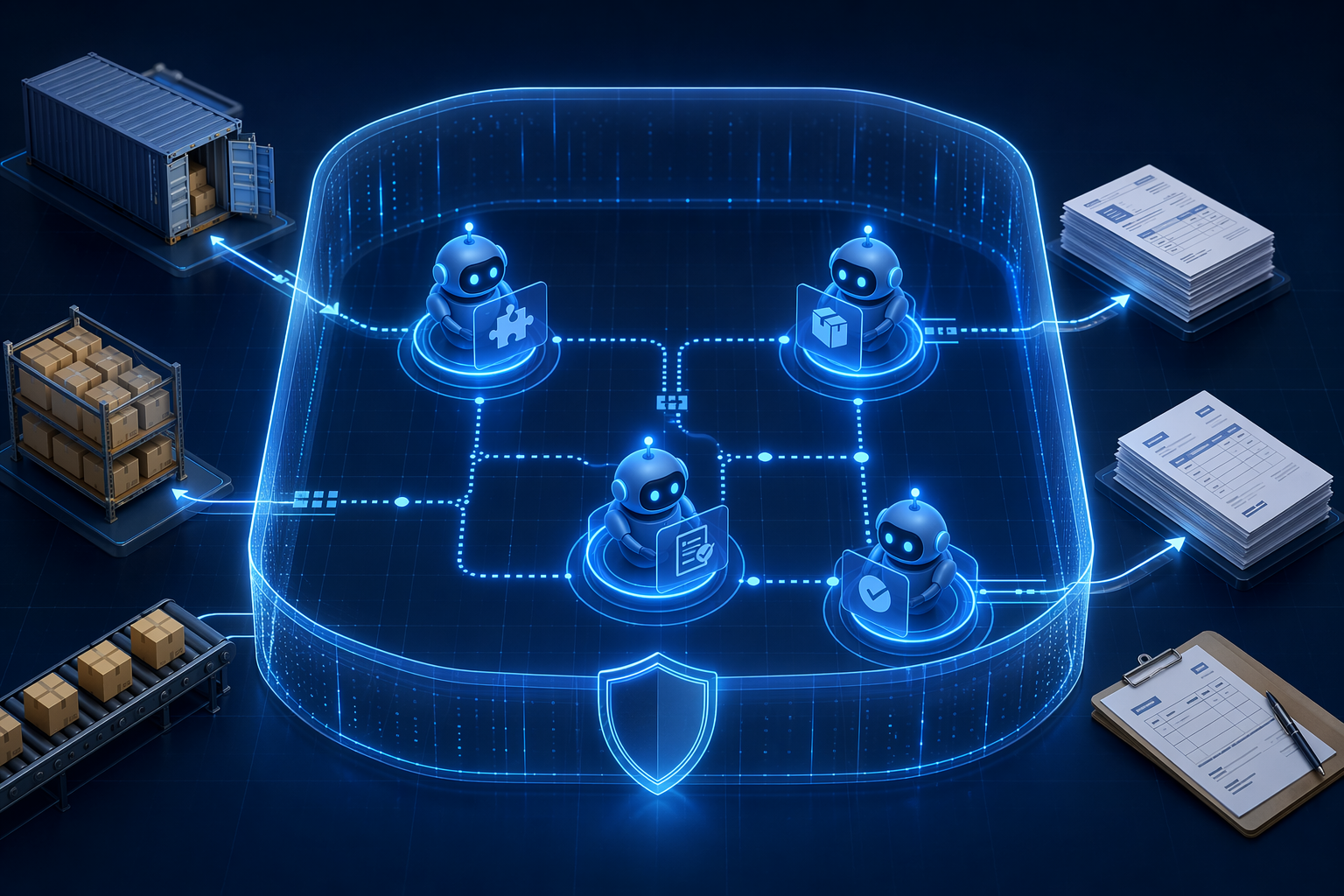 AI agent nodes operating inside protective guardrails across procurement and logistics workflow elements