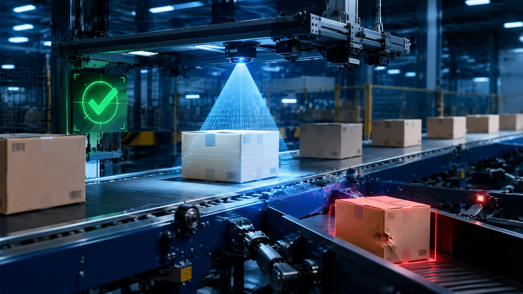 Distribution center conveyor with computer vision scanning packages and diverting a highlighted defective case