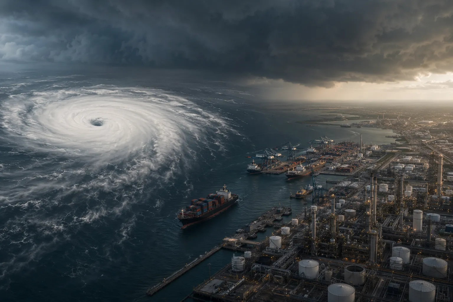 Hurricane approaching a Gulf Coast industrial port and refinery complex