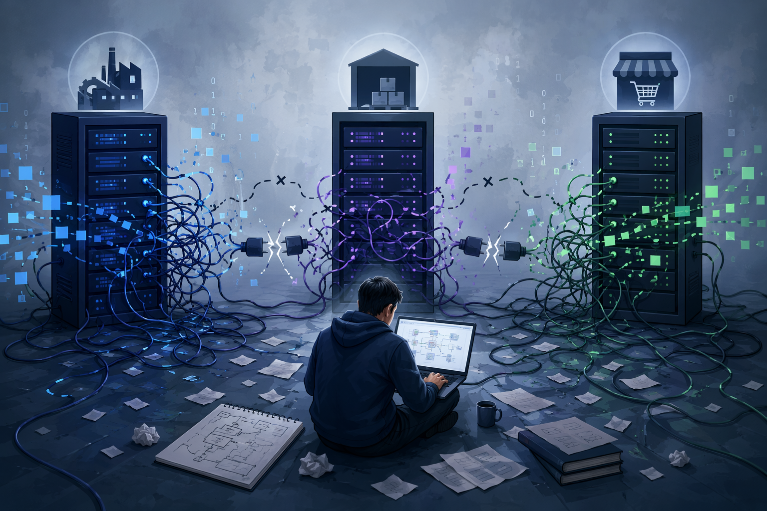 ERP, WMS, and POS systems connected by tangled and broken data lines