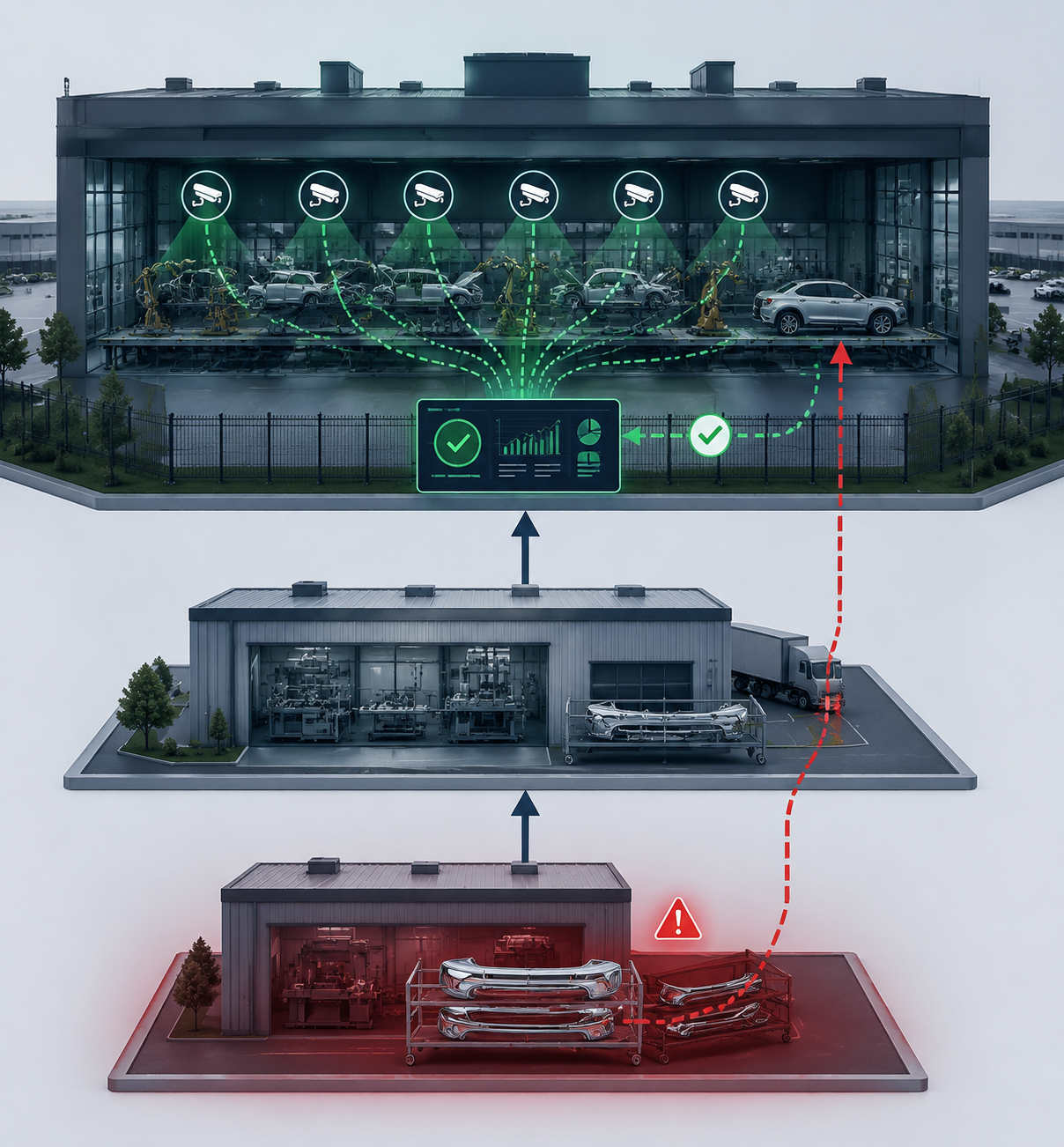 Diagram showing an OEM factory monitored by AI cameras while tier-1 and tier-2 supplier facilities sit outside the quality visibility boundary