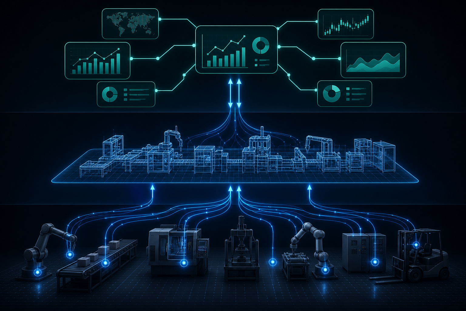 Layered architecture diagram showing three tiers: factory floor OT layer with IoT sensor nodes at the bottom, digital twin mesh model in the middle, and APS/IBP enterprise planning nodes at the top, connected by bidirectional data flow arrows.