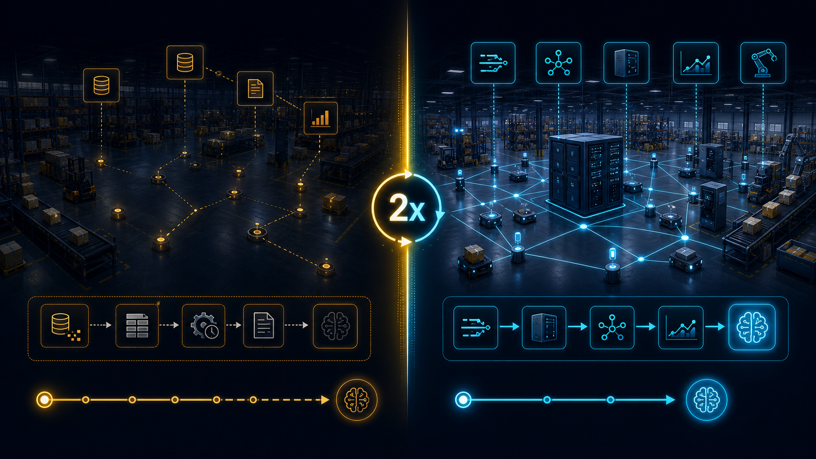 Side-by-side comparison of warehouse infrastructure readiness levels: low readiness (below 40%) with disconnected batch pipeline and 6-9 month timeline to AI deployment versus high readiness (above 60%) with streaming data flows and 3-4 month timeline.