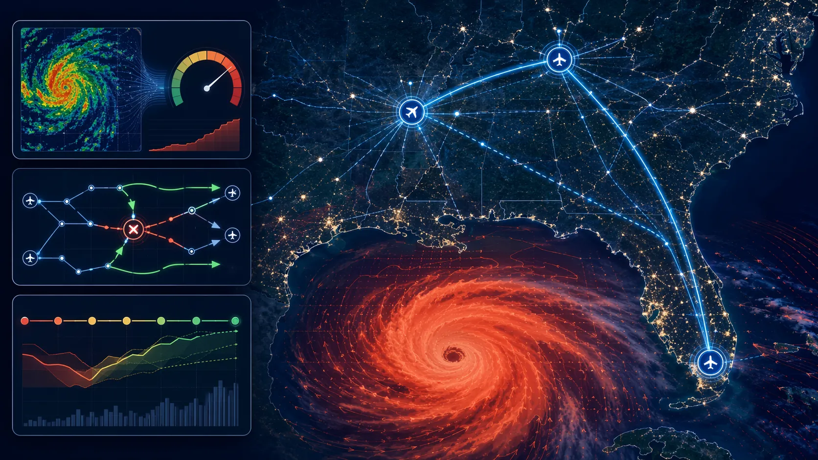 Satellite-style Gulf Coast air freight hub map with hurricane overlay, rerouting paths, and disruption data panels