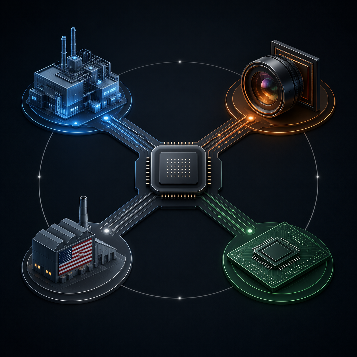 Framework diagram showing four semiconductor supply-chain diversification pathways from a central chip node