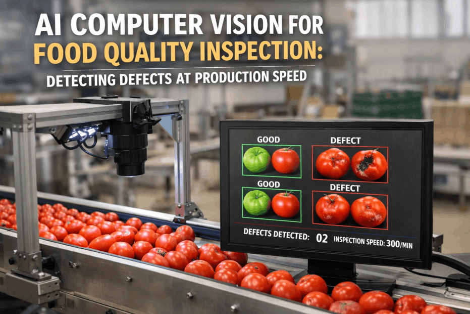 AI computer vision cameras inspecting packaged food products on a high-speed production line