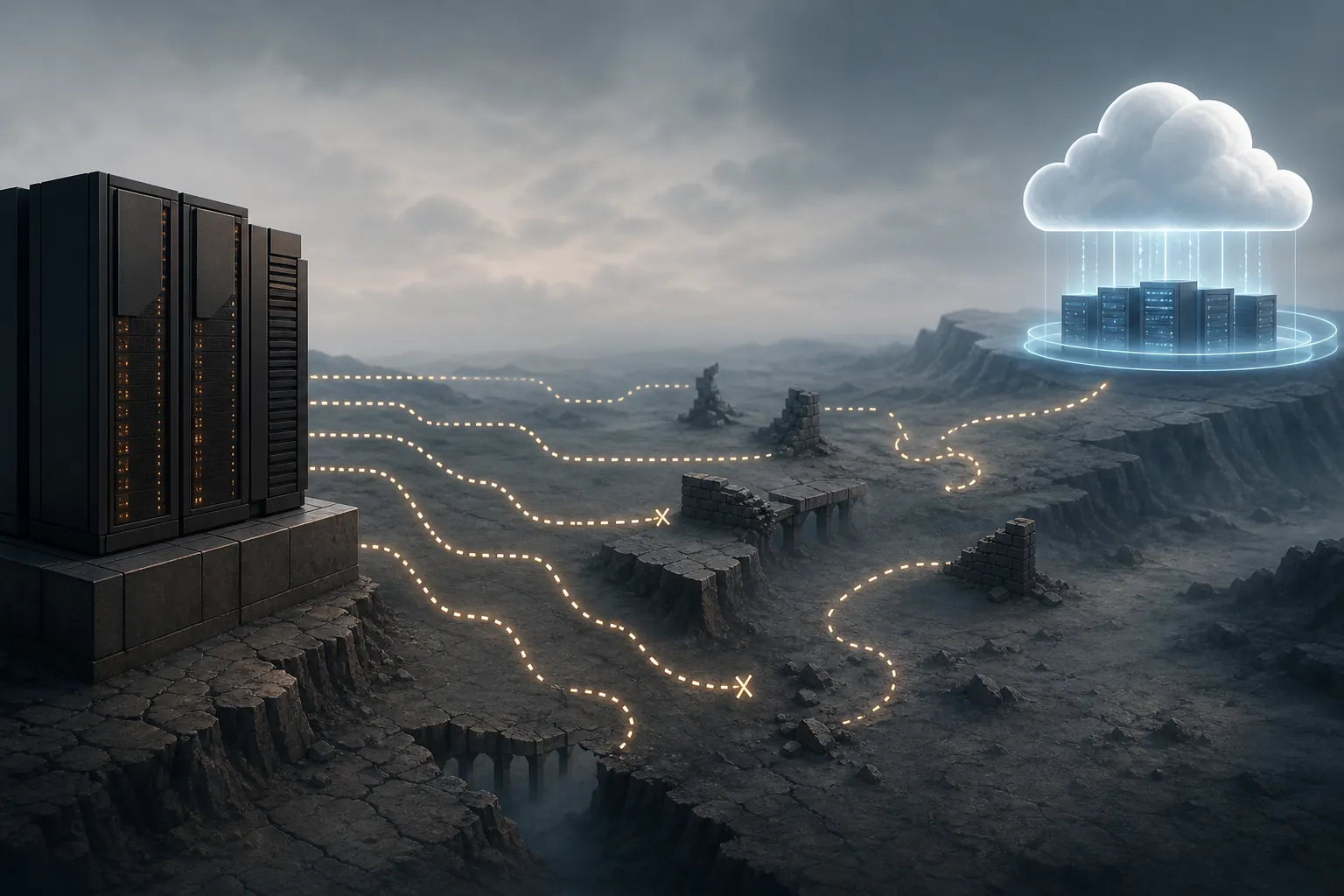 Mainframe and cloud infrastructure connected by broken migration paths