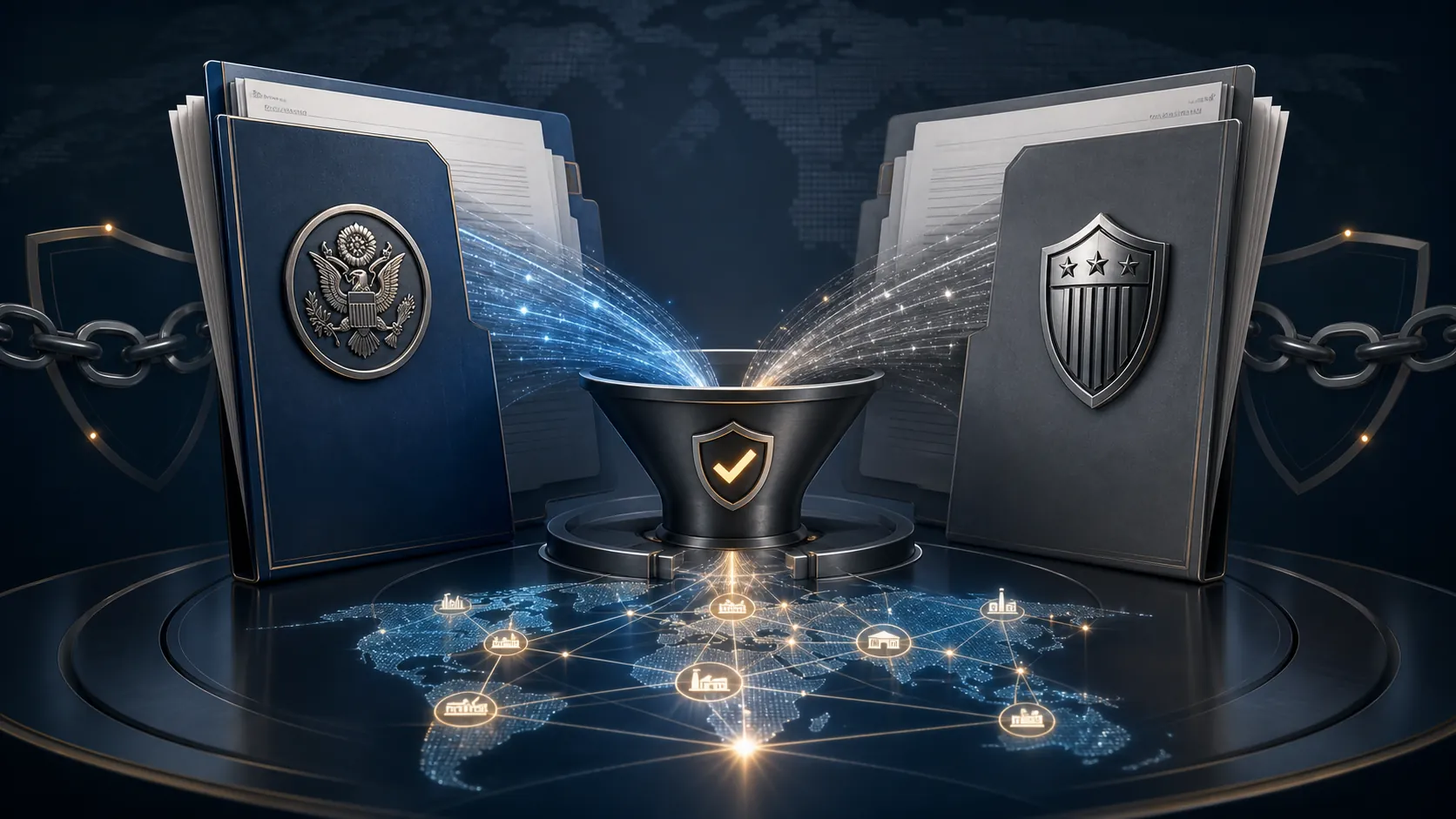 Executive Order and NDAA documents converging into a single defense supply chain compliance funnel