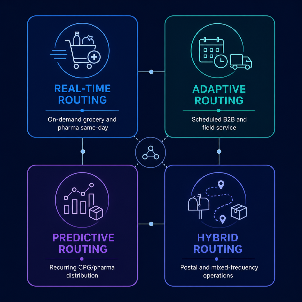 2x2 grid diagram showing four routing archetype zones: real-time, adaptive, predictive, and hybrid
