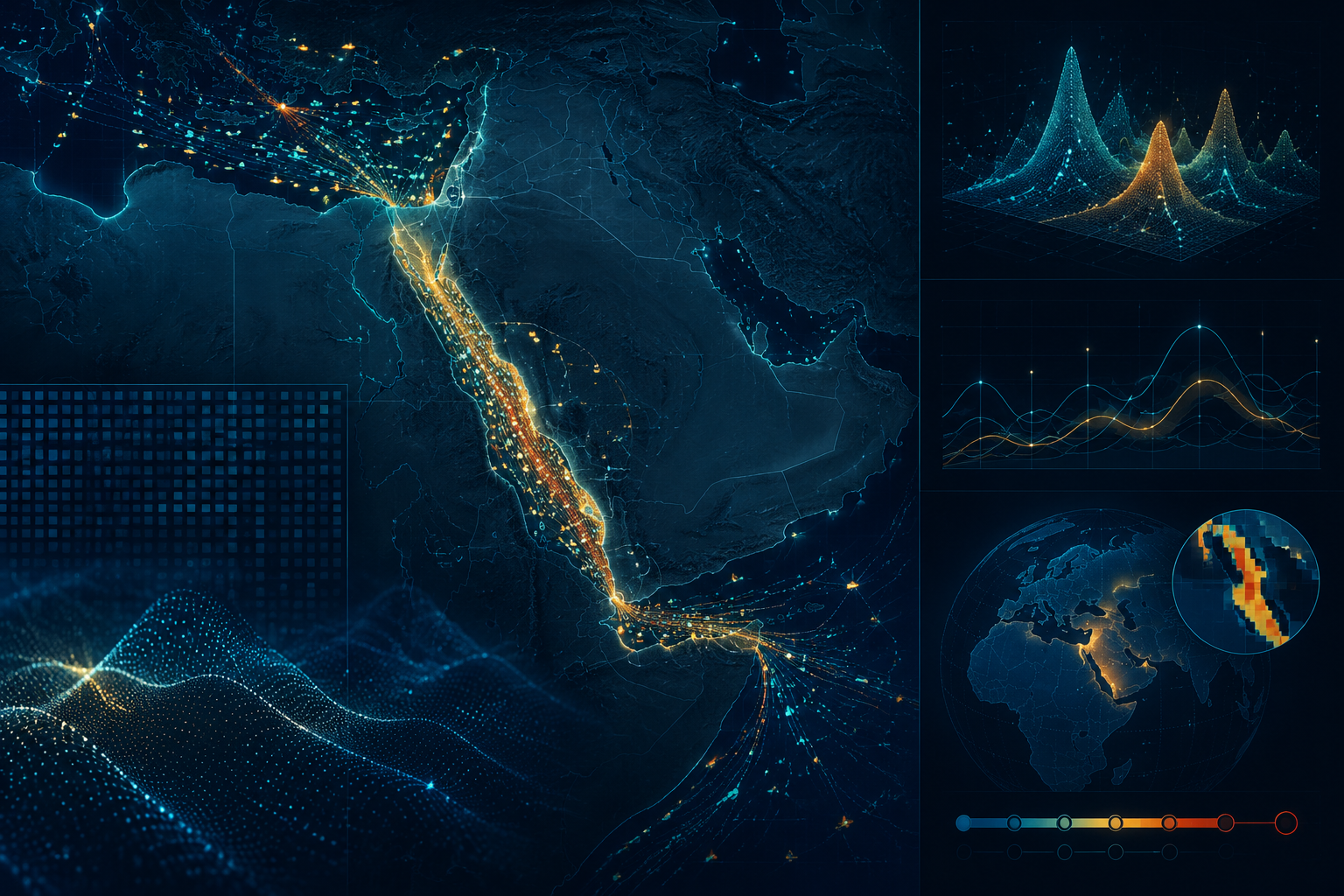 Dark maritime world map with vessel tracking points, shipping route lines, Red Sea highlighting, and probability scoring overlays