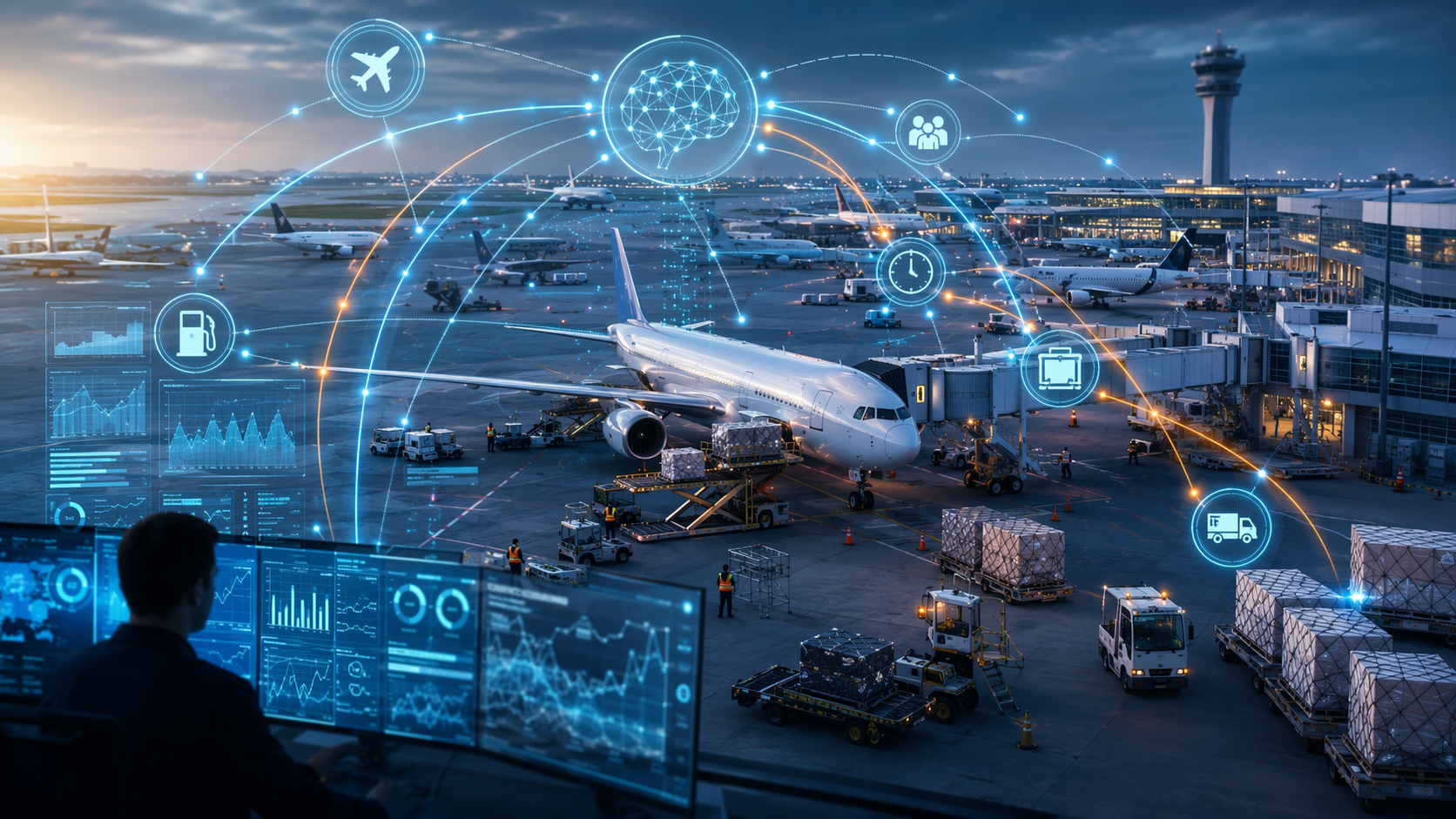 Modern airport tarmac with aircraft, ground operations, and digital AI data streams connecting operational systems